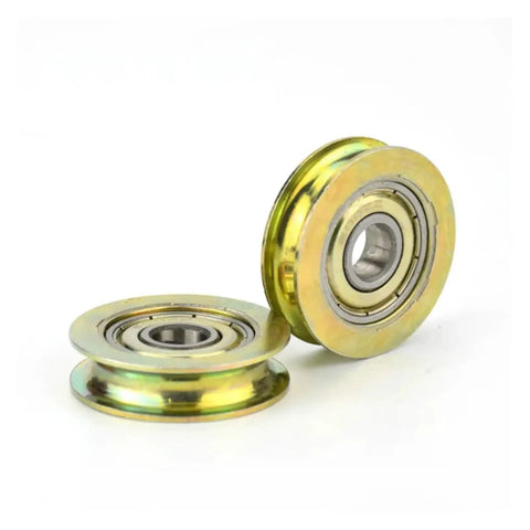 Heavy Duty U Groove Guide Wheel Designed To Keep Your Sliding Gate Rollin Smooth As Glass With Our Tough As Nails Steel V Channel Cable Pulley And Quiet Ball Bearings For Cranes Trolleys, featuring two steel wheels with ball bearings.
