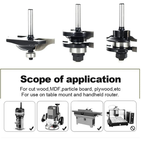 Three Piece Cabinet Door Router Bit Set With 1/4 Inch Shank displayed with application instructions for versatile woodworking