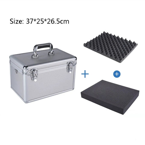 Portable Aluminum Tool Box With Removable Foam Insert Heavy Duty Metal Storage Organizer Cabinet For Tools And Hardware, shown with foam inserts