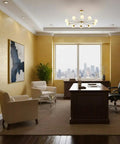Home office with modern decor and city view featuring Peel And Stick Faux Rust Metal Wallpaper For Doors And Counters Easy DIY Self Adhesive Moulding Trim Upgrade With An Industrial Vibe That Pops Great For Furniture Renovation And Home Decor.