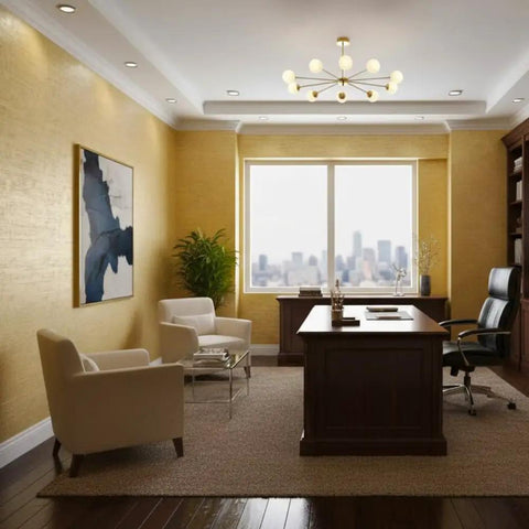 Home office with modern decor and city view featuring Peel And Stick Faux Rust Metal Wallpaper For Doors And Counters Easy DIY Self Adhesive Moulding Trim Upgrade With An Industrial Vibe That Pops Great For Furniture Renovation And Home Decor.
