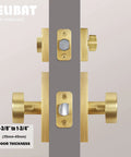 Gold Door Knob With Deadbolt Set In Satin Brass, Single Cylinder Hardware For Exterior Or Interior Doors, Built To Last Metal Construction, Adjustable Latch Fits 1 3 8 Inch Thick, Easy Upgrade For Privacy And Security - side view showing adjustable latch fitting 1 3/8 to 1 3/4 inch thick door.