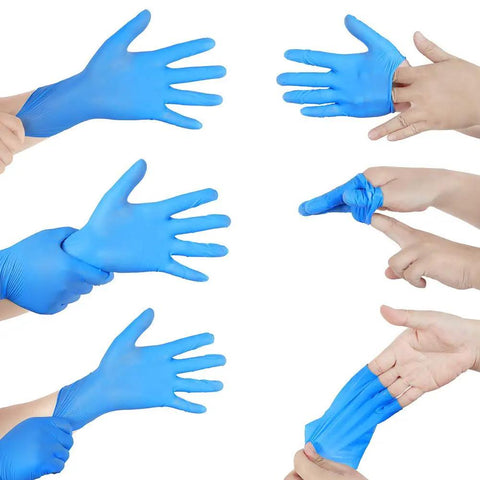 Top Notch Disposable Vinyl Exam Gloves In Steel Blue, Cast At Four Mil Thick For Daily Grind Demands, Zero Latex And Powder, Sharp For Medical Visits Or Quick Kitchen Washes, One Hundred Pack Boxes Ensure Legit Finger Comfort On Every Use, showcasing hands wearing gloves.