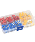 Heavy Duty 128Pc Insulated Ring Terminal Crimp Connector Kit With RV1.25 RV2 And RV5.5 Sizes For Secure Wire Cord Connections And Cable Fixes, plastic case