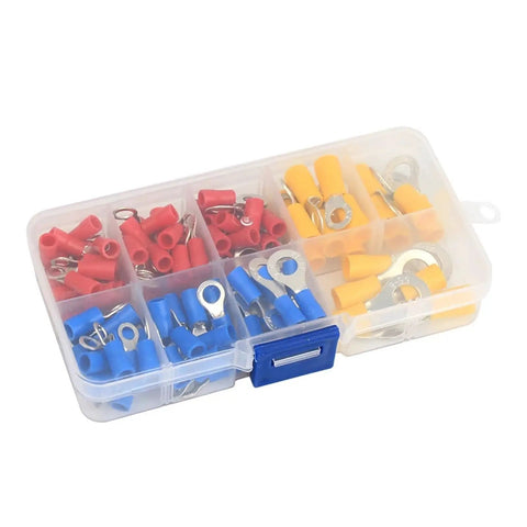 Heavy Duty 128Pc Insulated Ring Terminal Crimp Connector Kit With RV1.25 RV2 And RV5.5 Sizes For Secure Wire Cord Connections And Cable Fixes, plastic case