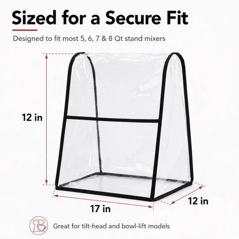 Clear Heavy Duty PEVA Stand Mixer Cover for 5 to 8 Quart Mixers, 17x12x12 inches, waterproof dust protector displayed standing