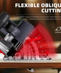 Pro Move Cordless Circular Saw Featuring Brushless Motor And 7 Inch Blade Chugging At 5600 Rpm for 57 degree bevel cutting on wood.