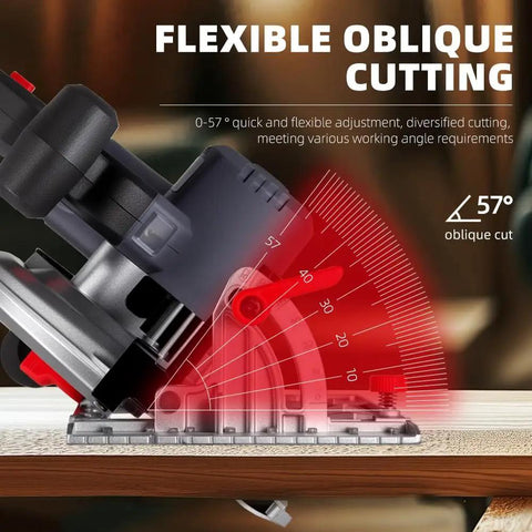 Pro Move Cordless Circular Saw Featuring Brushless Motor And 7 Inch Blade Chugging At 5600 Rpm for 57 degree bevel cutting on wood.