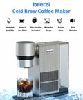 Automatic Cold Brew Coffee Maker Featuring Continuous Drip Extraction, Durable Aluminum Chassis, One Liter Jar, Quick Low Acid Brews For Home And Office, Straight Up Silky Smooth Kick Daily with glass of cold brew over ice.