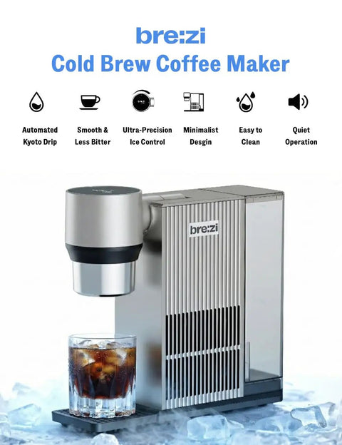 Automatic Cold Brew Coffee Maker Featuring Continuous Drip Extraction, Durable Aluminum Chassis, One Liter Jar, Quick Low Acid Brews For Home And Office, Straight Up Silky Smooth Kick Daily with glass of cold brew over ice.