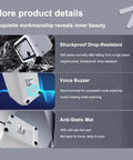 Desktop Barcode Scanner With Auto Sensor USB Powered featuring shockproof design, voice buzzer, and anti-static mat details.