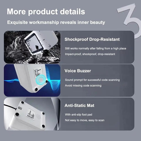 Desktop Barcode Scanner With Auto Sensor USB Powered featuring shockproof design, voice buzzer, and anti-static mat details.