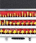 Top Shelf 35 Piece 1/2 Inch Shank Flush Trim Router Bit Set With Heavy Duty Tungsten Carbide Tips For Woodworking And Milling That Will Kick Ass In Any Workshop Today, displayed in an aluminum case.