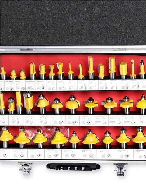Top Shelf 35 Piece 1/2 Inch Shank Flush Trim Router Bit Set With Heavy Duty Tungsten Carbide Tips For Woodworking And Milling That Will Kick Ass In Any Workshop Today, displayed in an aluminum case.
