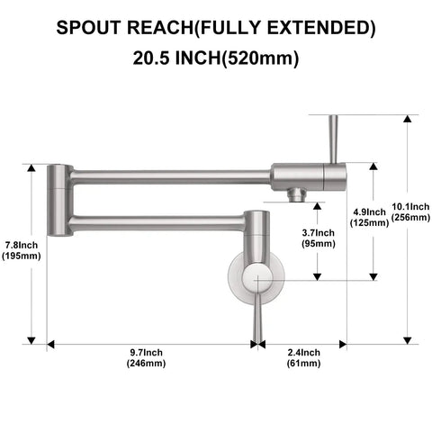 Brushed Stainless Pot Filler Faucet Wall Mount With Stretchable Double Joint Swing Arm Two Handle Kitchen Faucet with dimensions.