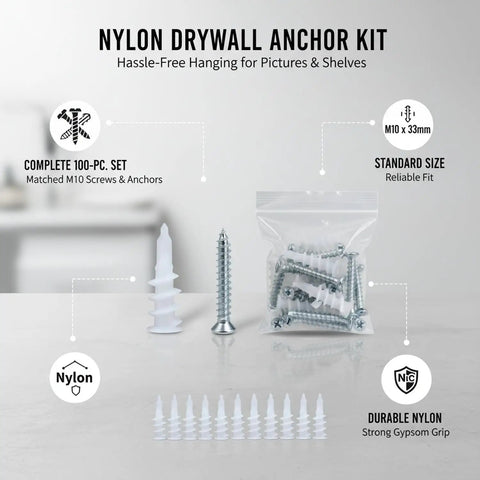 100-Pack M10 Nylon Drywall Anchors With Screws Kit For Hollow Walls displayed on a table with detailed descriptions