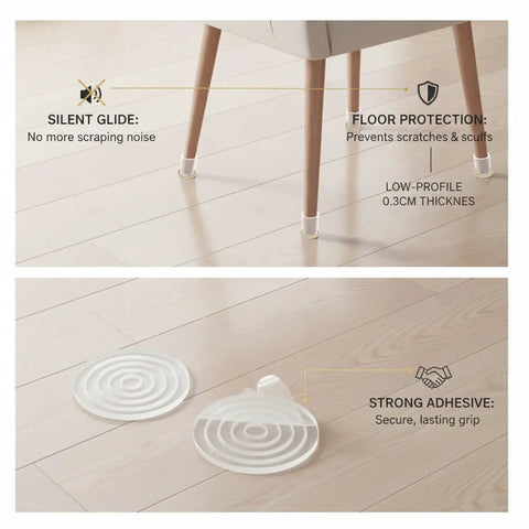 Clear Silicone Chair Leg Protectors with Self Adhesive Pads for Easy Tool Free Install on hardwood and tile floors, set of 4