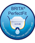 BRITA PerfectFit logo showing Maxtra Plus Replacement Water Filter Cartridges Compatible With All Jugs, Reduces Chlorine.