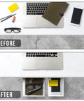 Under Desk Drawer Organizer 2 Pack With Slide Out Storage For Pens Cables And Office Accessories No Drill Adhesive Mount Hidden Desk Storage installed under desk, showing before and after organization.