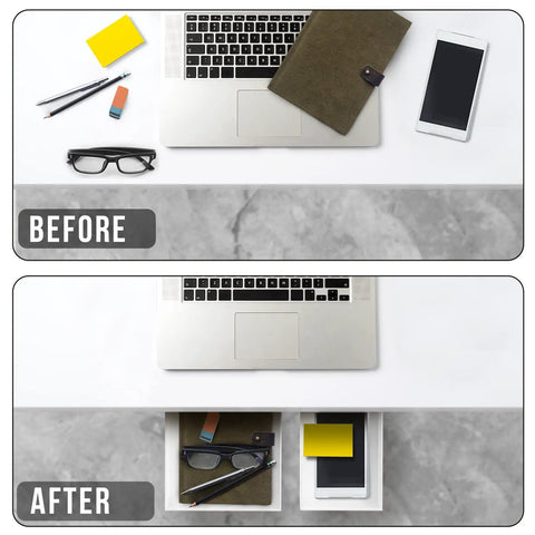 Under Desk Drawer Organizer 2 Pack With Slide Out Storage For Pens Cables And Office Accessories No Drill Adhesive Mount Hidden Desk Storage installed under desk, showing before and after organization.