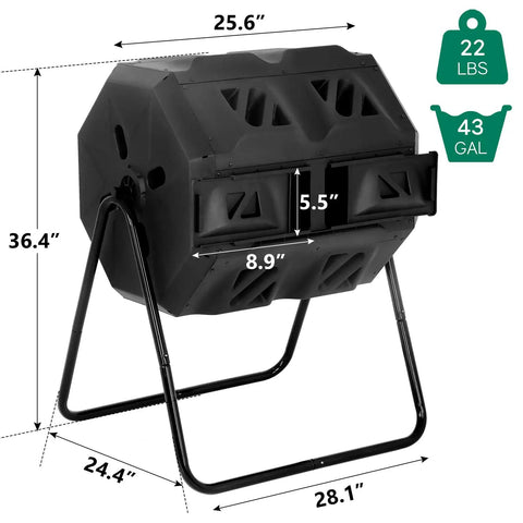 43 Gallon Outdoor Tumbling Compost Bin With Dual Chamber Sliding Doors For Garden And Patio, 360 Degree Rotary Tumbler