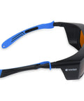 Side view of adjustable laser goggles with blue frame, designed for tattoo removal and medical laser safety with 532 and 1064 nm filters.