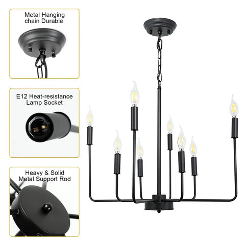 Black Farmhouse Eight Light Candle Chandelier Modern Pendant Fixture For Dining Room Kitchen Island Bedroom Entryway And Foyer Dope Industrial Vibe With E12 Base