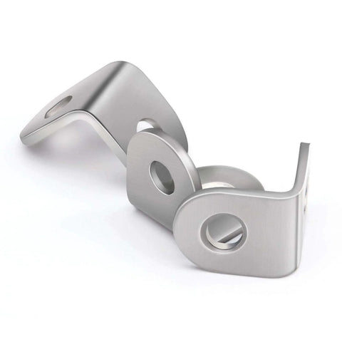 Close-up of two stainless steel L brackets, 20x20 mm, from a 100 Piece Stainless Steel L Brackets 20 By 20 MM 90 Degree Corner Brackets Set with 200 Screws.