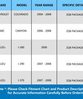 Fitment chart showing compatibility for Chevy Colorado 2004-2008, GMC Canyon 2006-2008, Isuzu I-Series models with ZQ8 package.