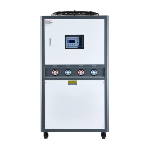 Hardcore Industrial Air Cooled Water Chiller With Dual High Output Compressors And A Massive Fifty Three Gallon Tank, front view.