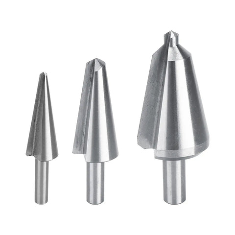 Built Tough Three Piece High Speed Steel Tapered Umbrella Step Drill Bit Set With No Nonsense Self Starting Tip and Smooth Chamfer Cutting For Metal Wood Plastic and Shop Floor Tasks, showing three drill bits.