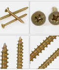 M4 Flat Head Wood Screws Set 340 Pcs Philips Drive Countersunk Self Tapping Screws Yellow Zinc Plated Finish, close-up view