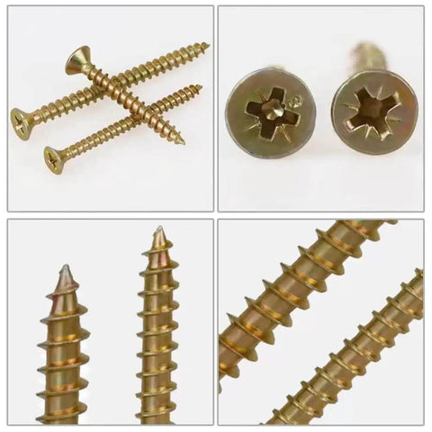 M4 Flat Head Wood Screws Set 340 Pcs Philips Drive Countersunk Self Tapping Screws Yellow Zinc Plated Finish, close-up view