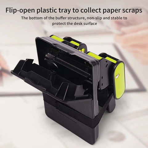 2 Hole Paper Punch With Adjustable 70Mm Or 80Mm Spacing And 6Mm Hole open view with paper scrap tray