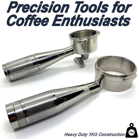 Pro Grade 58Mm Stainless Steel Bottomless Espresso Portafilter Hella Stable Tamping Grip showing heavy duty 1kg construction.