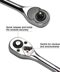 Knock Out Tough Shop Tasks With This Badass 3/8 Inch Drive 36 Piece Socket Ratchet Wrench Set Packing Smooth Chrome Steel Ratchet with quick release.