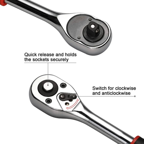 Knock Out Tough Shop Tasks With This Badass 3/8 Inch Drive 36 Piece Socket Ratchet Wrench Set Packing Smooth Chrome Steel Ratchet with quick release.