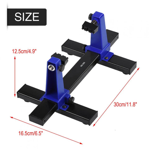 Adjustable PCB Holder And Soldering Stand With Rotating Clamps, 360 Degree Flip And Desoldering Helper shown with size dimensions