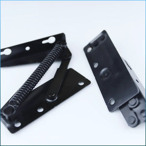 Heavy Duty Furniture Spring Hinges 80 Degree Lift Brackets Built Like A Tank Rock Solid Steel in black with spring mechanism.