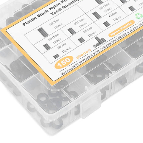 Nylon Spacers Assortment Kit With 150 Pieces For Electronics, PCBs And 3D Printing, Heat And Abrasion Resistant Standoffs, 10 Sizes From 3mm To 25mm, Comes In A Handy Storage Box. Clear organizer box with black nylon spacers and size label