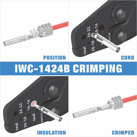 Diagram showing steps of using DC02 8 Piece Wire Crimp Kit For Deutsch Connectors And Weather Pack Terminals with crimped wire.