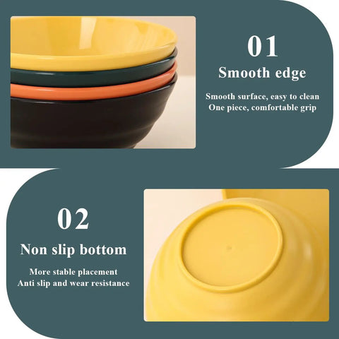 Stacked bowls with smooth edge and non-slip bottom; part of Camping Mess Kit For Four With Plates Bowls Cups Utensils And Carry Bag Food Grade Plastic