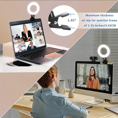 Clip On Ring Light For Video Calls And Live Streaming with adjustable color temperature clamped onto laptop and monitor.