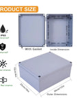 Outdoor Ready 12 By 10 By 4 Inches IP65 ABS Plastic Dustproof Waterproof Junction Box Enclosure For Indoor And Outdoor Conduit Projects Weatherproof Electrical Box That Stays Tough Built To Last showing product dimensions and features.