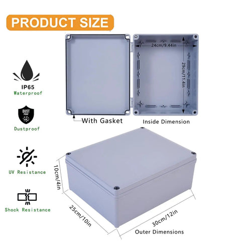 Outdoor Ready 12 By 10 By 4 Inches IP65 ABS Plastic Dustproof Waterproof Junction Box Enclosure For Indoor And Outdoor Conduit Projects Weatherproof Electrical Box That Stays Tough Built To Last showing product dimensions and features.