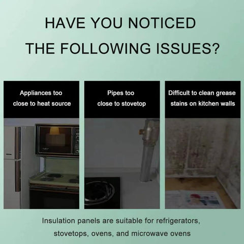 Three images showing kitchen issues: appliances close to heat, pipes close to stovetop, and grease stains on walls, with text overlay.