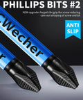 Angled side view of two blue Wecher Phillips #2 bits with black anti-slip tips and 1/4 inch hex shanks