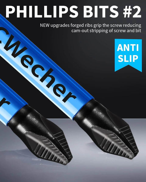 Angled side view of two blue Wecher Phillips #2 bits with black anti-slip tips and 1/4 inch hex shanks