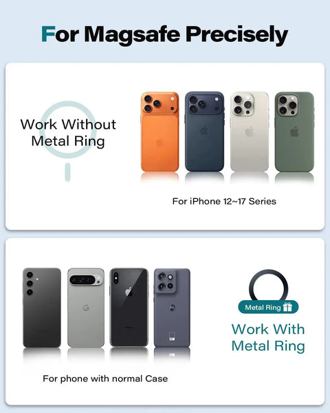iPhone 12-17 series and other phones compatible with MagSafe without and with metal ring.