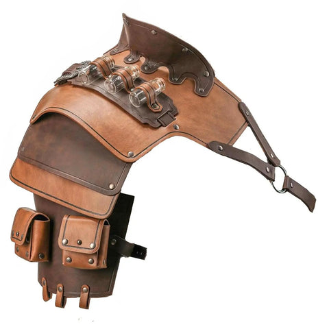 Adjustable Gothic Spaulders With Vials And Coin Pouch Armor For Larp Cosplay Viking Knight Renaissance Costume Brown Leather Pauldrons